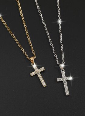 Women Choker嘻哈方形锆石十字架项链欧美朋克男女情侣吊坠锁骨链