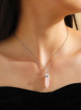 Necklace简约锁骨链女高级感小众设计粉色水晶柱六角柱吊坠项链