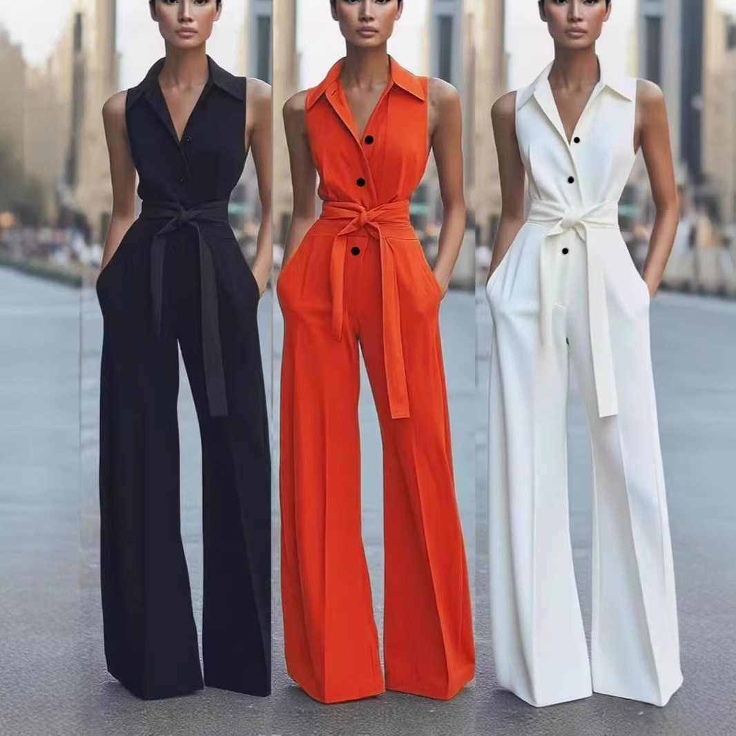 Women Jumpsuit欧美女装时尚衬衣领纯色阔腿欧美通勤办公连体裤