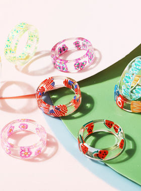 Ring Sets Cute Girl Gifts关节戒指女欧美创意个性夏季水果树脂