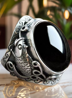 Men Rings Jewelry Gifts铜镀银复古双鱼仿黑红玛瑙戒指男款活口