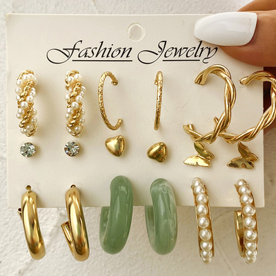 9PCS Earring Ear Stud Gifts Jewelry亚克力字母C型耳环创意麻花