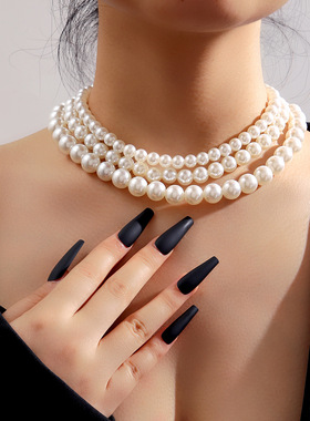 Choker Necklace简约仿珍珠项链女小众设计3层锁骨链复古项链叠戴