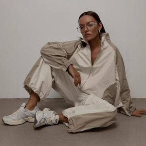 Women Tracksuit Outfit女装时尚撞色抽绳夹克长裤套装欧美两件套