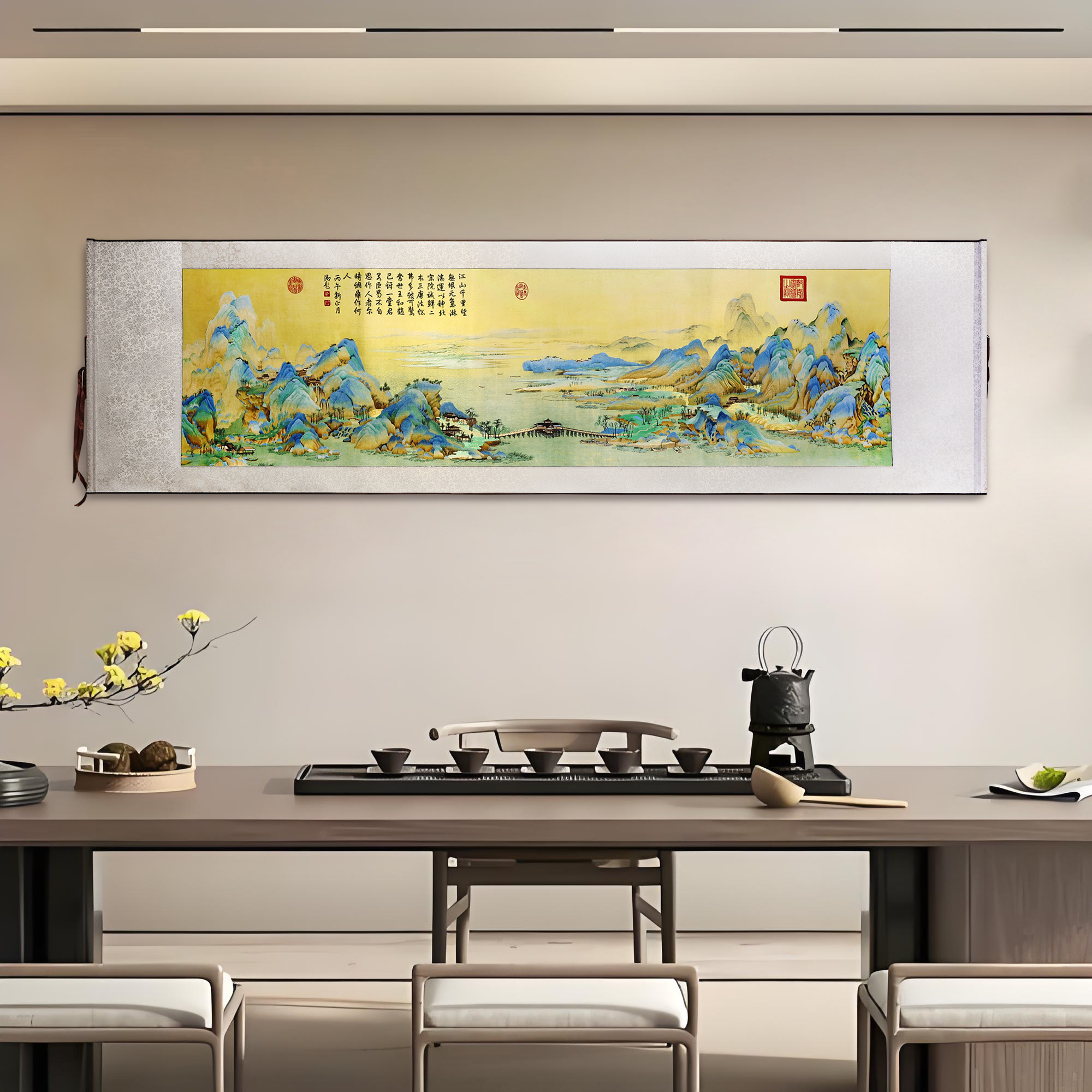 千里江山水画湘绣装饰画餐客厅挂画手工刺苏绣大幅卷轴画伴手礼品