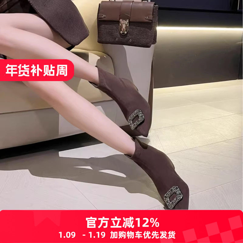 配阔腿裤绒面内增高短靴女秋冬棕色尖头水钻方扣法式低跟瘦瘦靴