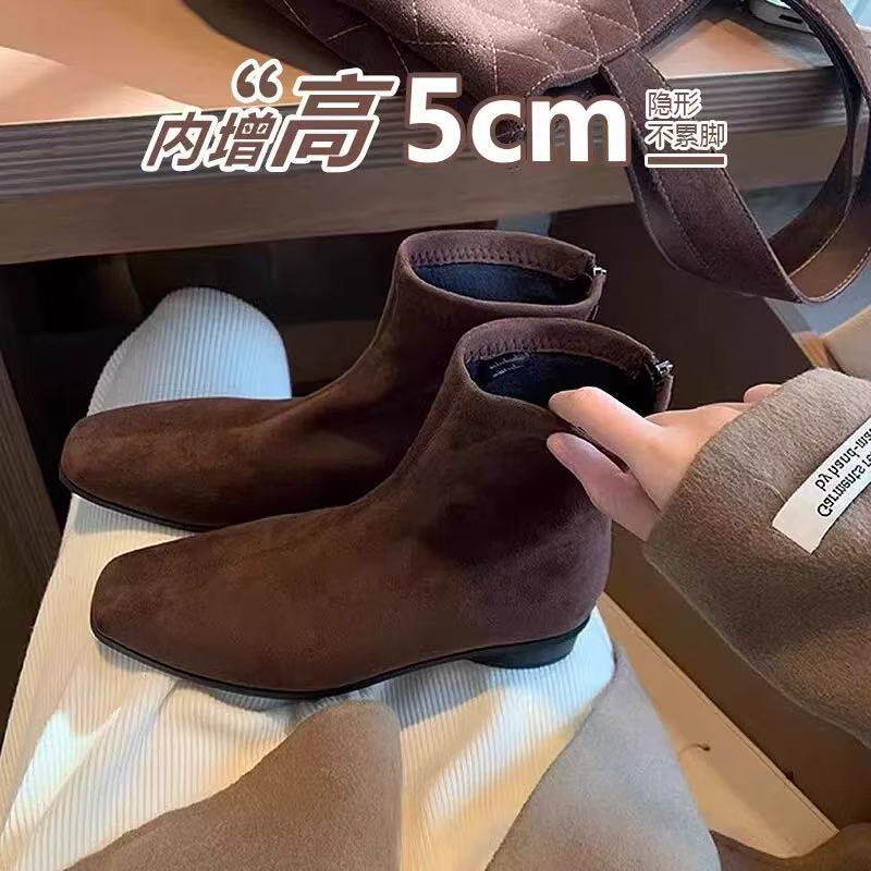 弹力棕色小个子内增高复古短靴图片