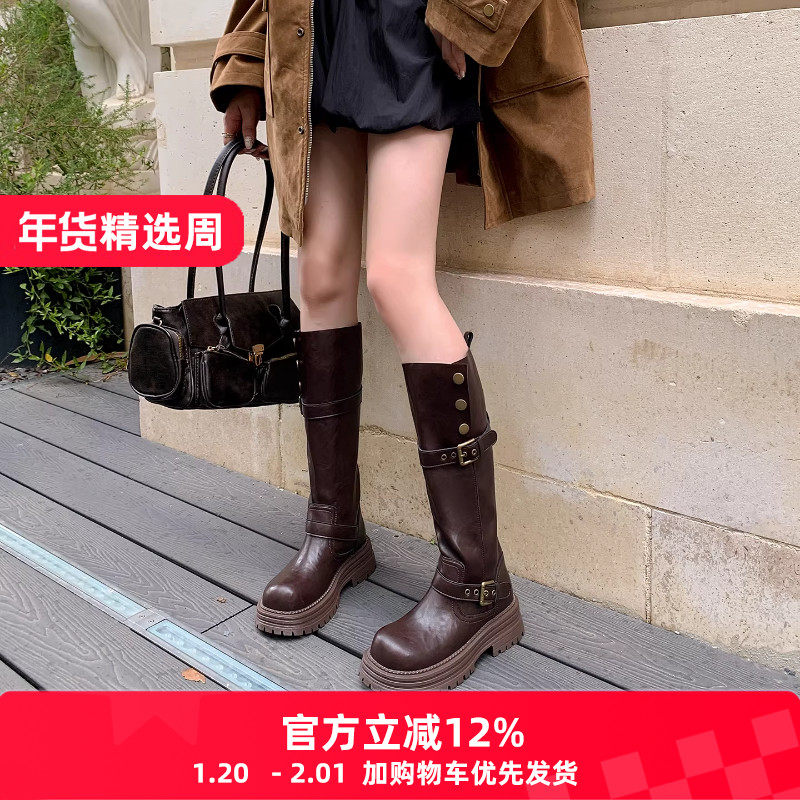两穿复古粗跟厚底长筒靴女不过膝高筒长靴显瘦骑士靴皮带扣机车靴,女鞋,骑士靴,淘宝优惠券,粉丝福利购,淘宝优惠卷
