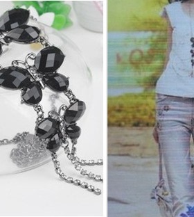 滢朵朵日韓新款 三排蝴蝶 镶钻 项链 毛衣链 a01106