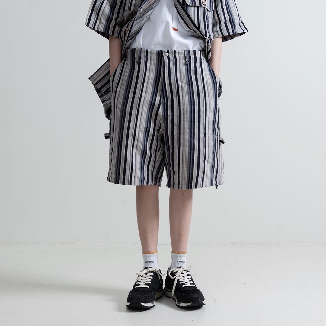 复古日式条纹亚麻面料宽松短裤