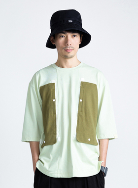 TMCAZ SUPIMA匹马棉牛油果绿色户外感多功能口袋宽松七分袖T恤tee