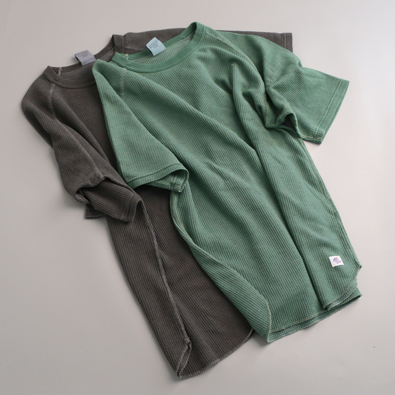 夏季55棉水洗做旧软和华夫格  复古插肩袖中袖T恤 男女可穿t上衣