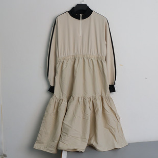 日系中大童女童半拉链洋气百褶长袖连衣裙春夏松紧收腰女裙可亲子