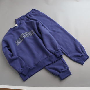 儿童套装2025秋冬薄绒宝蓝色男童女童运动服休闲套头卫衣卫裤150