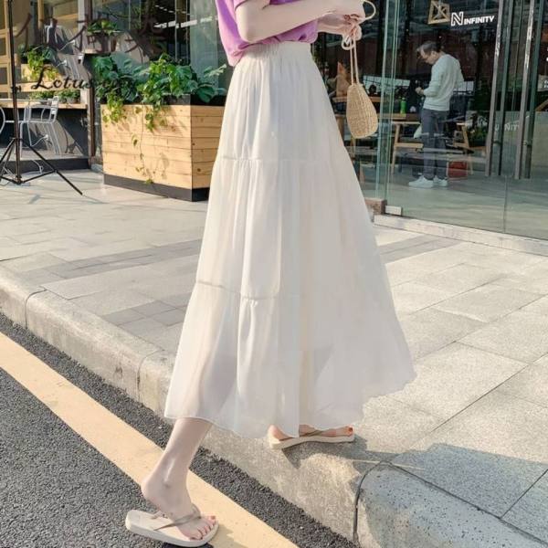 珍珠雪纺A字半身裙子仙女超仙森系2025夏装长款高腰学生蛋糕裙秋图片
