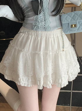 蕾丝拼接白色蛋糕半身裙女春秋小个子高腰显瘦防走光a字蓬蓬短裙