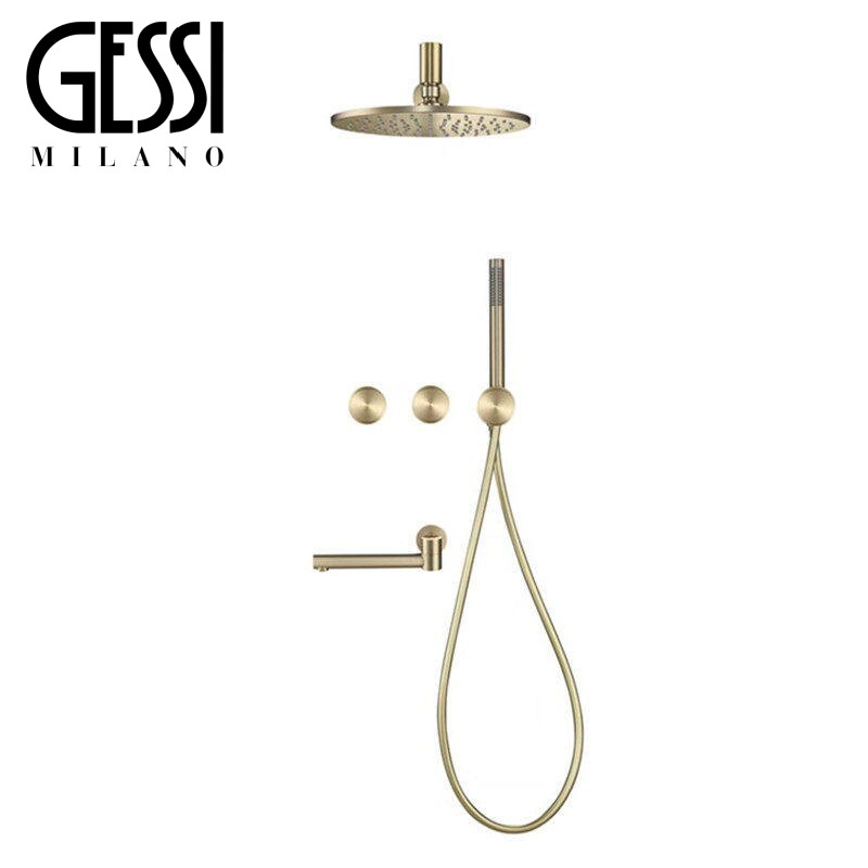 意大利GESSI捷仕全铜极简拉丝金色暗装嵌入墙式冷热淋浴增压花洒