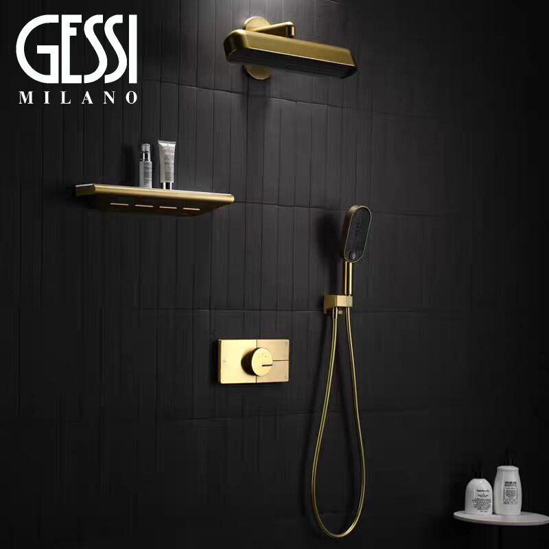 意大利GESSI捷仕全铜暗装花洒置物恒温增压入墙式拉丝金淋浴花洒