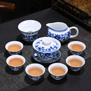 青花瓷陶瓷盖碗三才杯家用莲花茶盘复古整套茶道 功夫茶具套装 经典