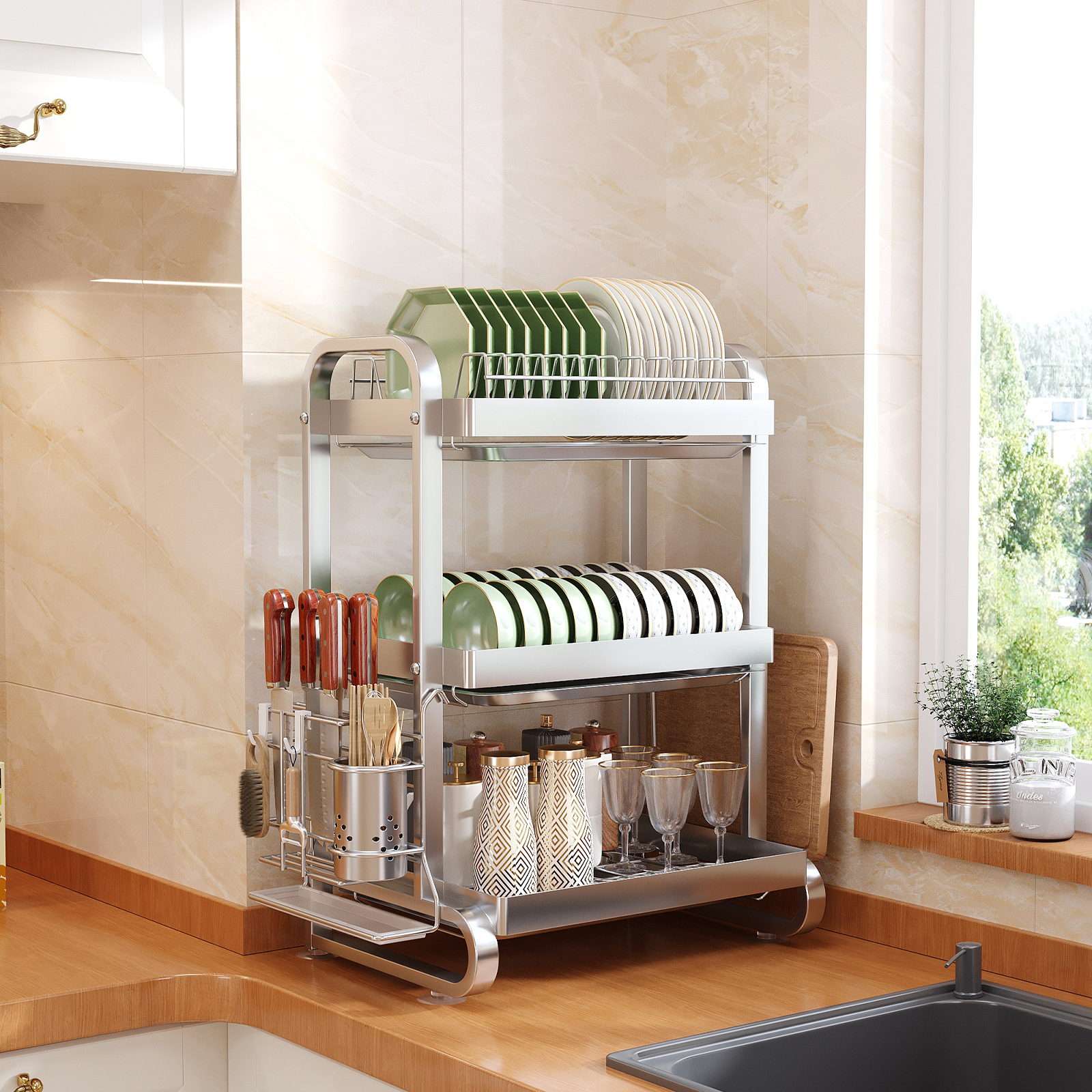 加厚不锈钢碗碟收纳架厨房多功能置物架台面家用放碗架碗盘沥水架