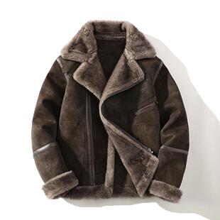 皮毛一体男2025冬季加绒加厚麂皮绒短款机车服棉服男装羊羔毛外套