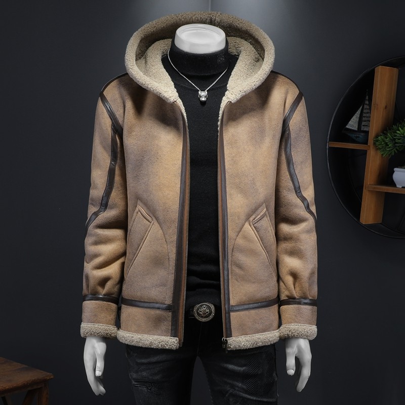 连帽皮毛一体外套男加绒加厚羊羔毛夹克冬季棉服防风保暖机车皮衣