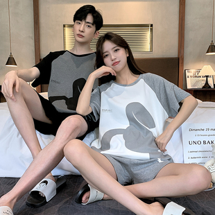 200斤夏天男士 情侣睡衣夏季 卡通可爱大码 套装 家居服薄 纯棉女短袖