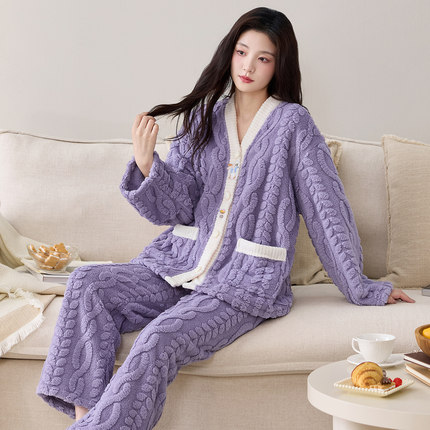 2025新款保暖加厚珊瑚绒睡衣女冬季长袖长裤开衫简约家居服套装