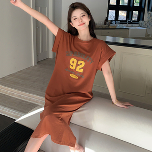 睡裙女夏季 韩版 带胸垫短袖 纯棉薄款 睡衣家居服休闲外穿 大码 中长款