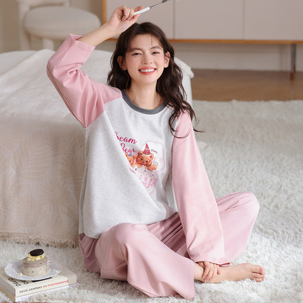 甜美韩系女士睡衣春秋季新款纯棉圆领长袖长裤简约休闲家居服套装