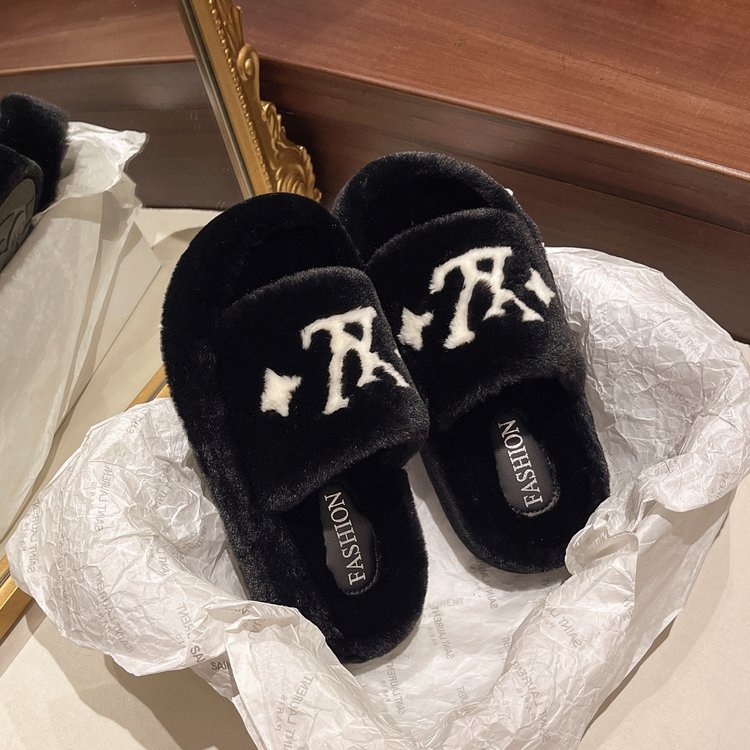 小香风厚底毛毛棉拖鞋女秋冬款小个子增高加绒保暖外穿防滑一字拖