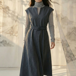 优雅风V领无袖 连衣裙女灰色收腰系带长裙气质得体风ZGFM2617