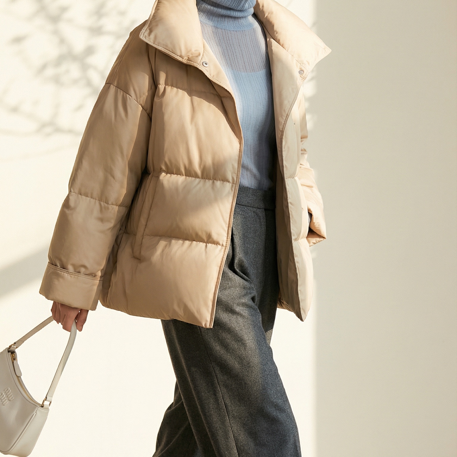 优雅风短款白鹅绒羽绒服女驼色立领面包服保暖外套轻奢极简风