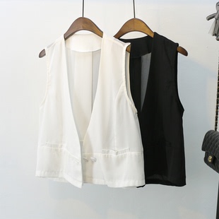 百搭气质单排扣韩版 外穿宽松显瘦时尚 纯色上衣 雪纺马甲女夏季 短款