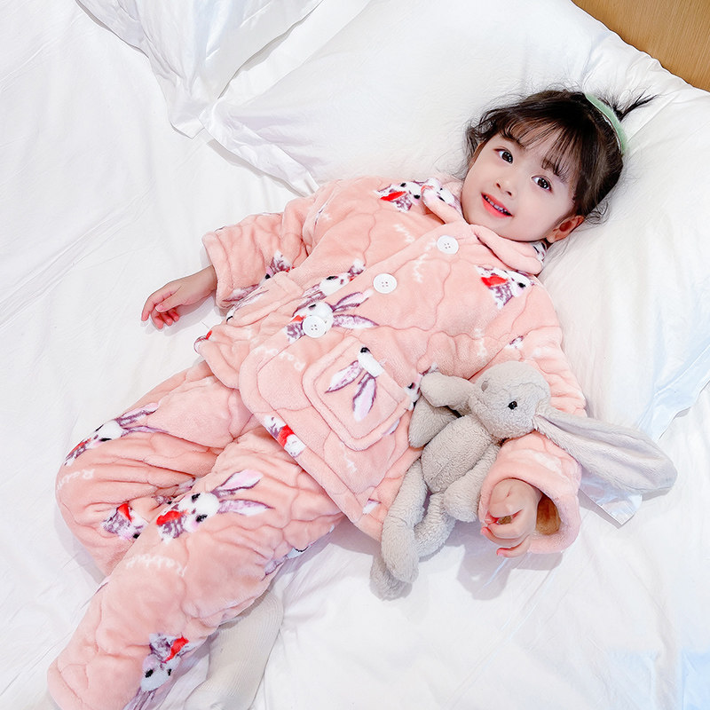 GIRLS PAJAMAS AUTUMN AND WINTER CORAL VELVET CHILDRENS WINTER CLOTHES BABY JACKET COTTON AND FLEECE THICKENED WARM FLANNEL LOUNGEWEAR