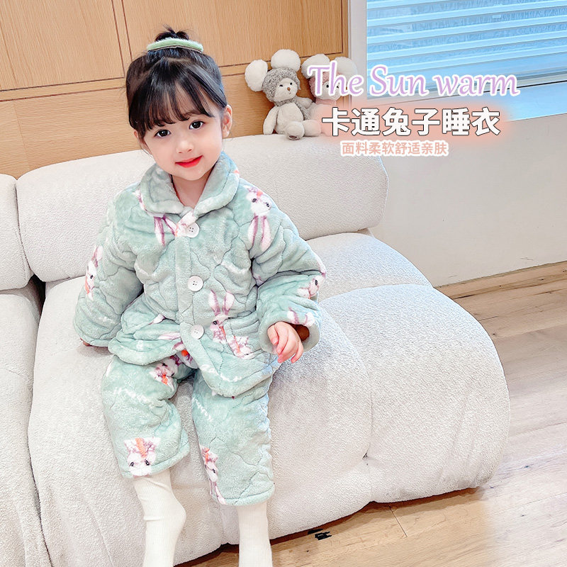 GIRLS PAJAMAS AUTUMN AND WINTER CORAL VELVET CHILDRENS WINTER CLOTHES BABY JACKET COTTON AND FLEECE THICKENED WARM FLANNEL LOUNGEWEAR