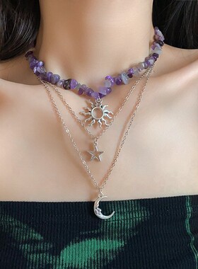 时尚新款月亮吊坠项链石头叠戴太阳花项饰高级感简约珠宝饰品女