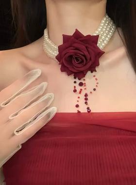 万圣节cos装扮鬼新娘项链哥特风流血珍珠多层choker颈链拍照道具