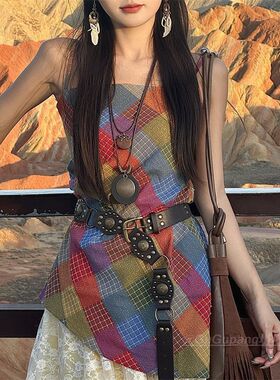 美拉德腰带波西米亚复古美式铆钉棕色皮带腰链西部民族风腰封