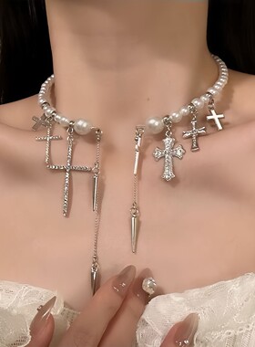 甜酷风高级感珍珠铆钉十字架choker颈链小众个性独特气质锁骨