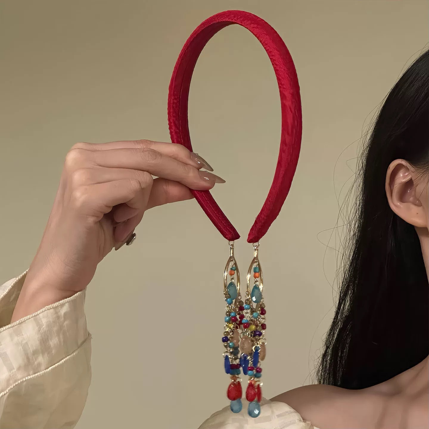 彩色波西米亚民族风红色流苏发箍米珠流苏异域风情高级感发卡发饰