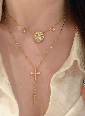 小红书同款爆闪八芒星罗盘项链女2025新款流苏十字架四叶草锁骨链