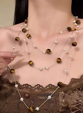 复古美拉德仿虎眼石项链2025秋冬新款长款叠戴毛衣链小众个性