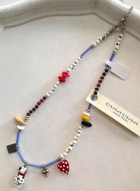 怪味少女~夏天小众设计百搭ins新款撞色通勤斑点狗彩色串珠项链