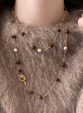 美拉德复古虎眼石珍珠串珠双层项链女轻奢小众气质叠戴秋冬毛衣链