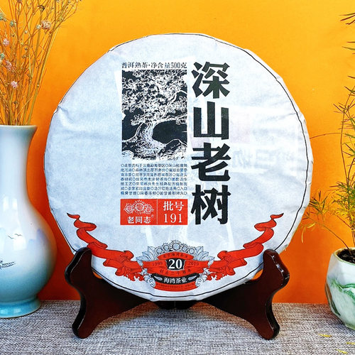 云南普洱茶熟茶老同志2019年深山老树熟饼500克七子饼礼品茶叶