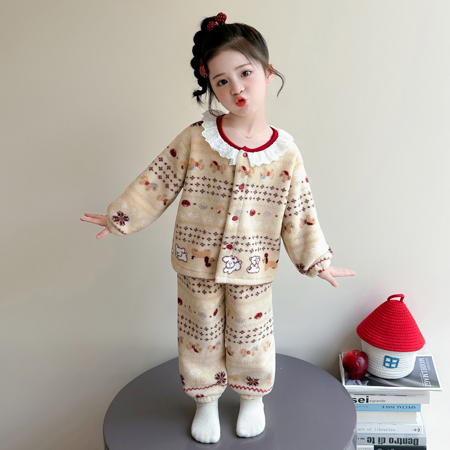 女童秋冬花边领法兰绒睡衣家居服