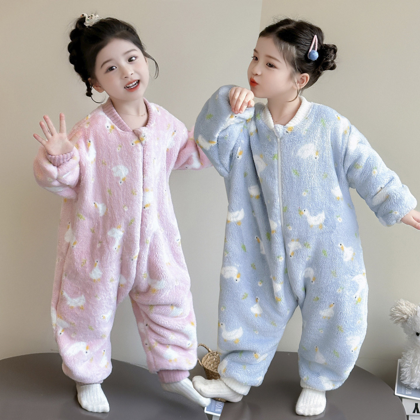 儿童连体睡衣法兰绒秋冬季加厚保暖珊瑚绒睡袋宝宝爬服女童家居服