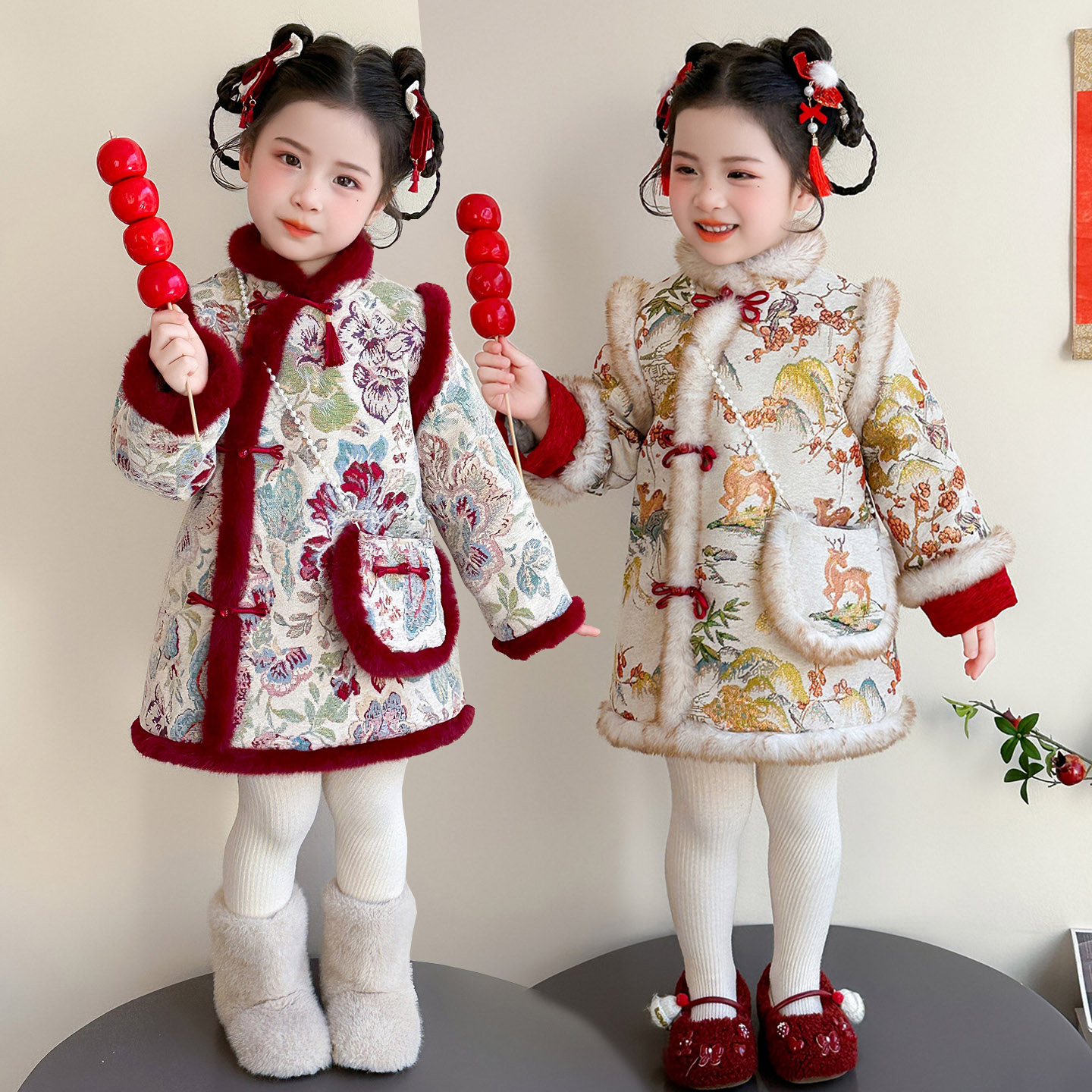 唐装女童旗袍裙冬季拜年服公主裙