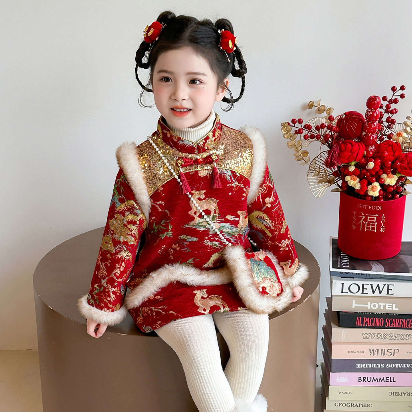 唐装女童旗袍裙冬季拜年服公主裙